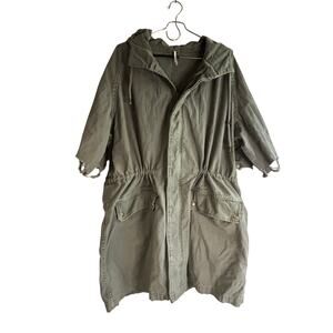 Free People Olive Green Cotton Parka Distressed Short Sleeve Jacket Medium